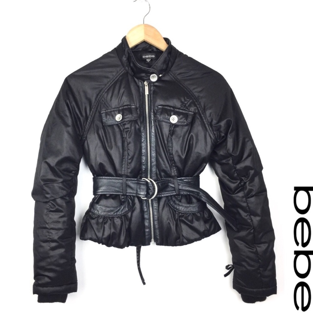 Bebe Black Moto Goose Down Leather Puffy Bomber